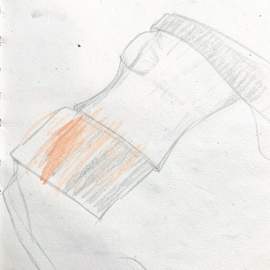 Graphite sketch of a long rifle leaning against a workshop wall, soft pencil shading and neutral grey palette.