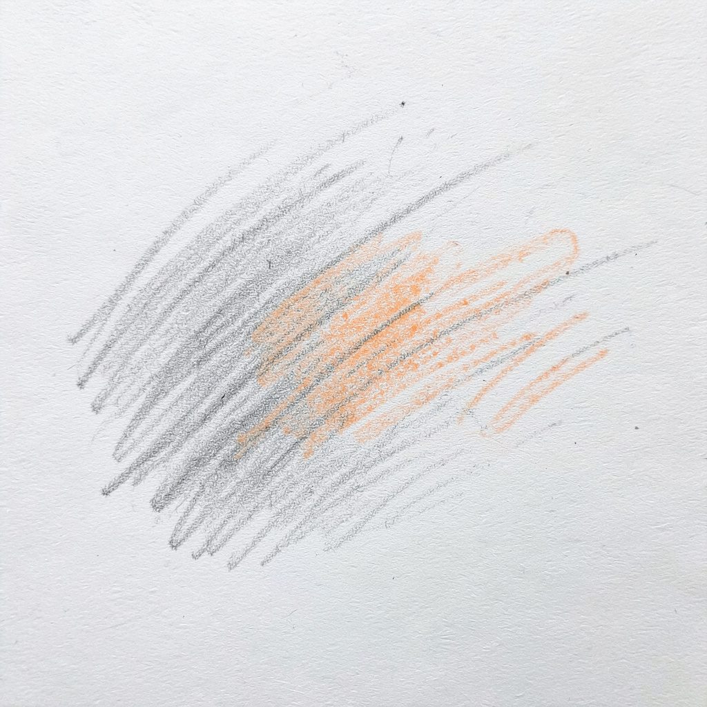 Sketched close-up of a metal handgun barrel resting on a plain workbench, drawn in graphite with light reflective highlights.